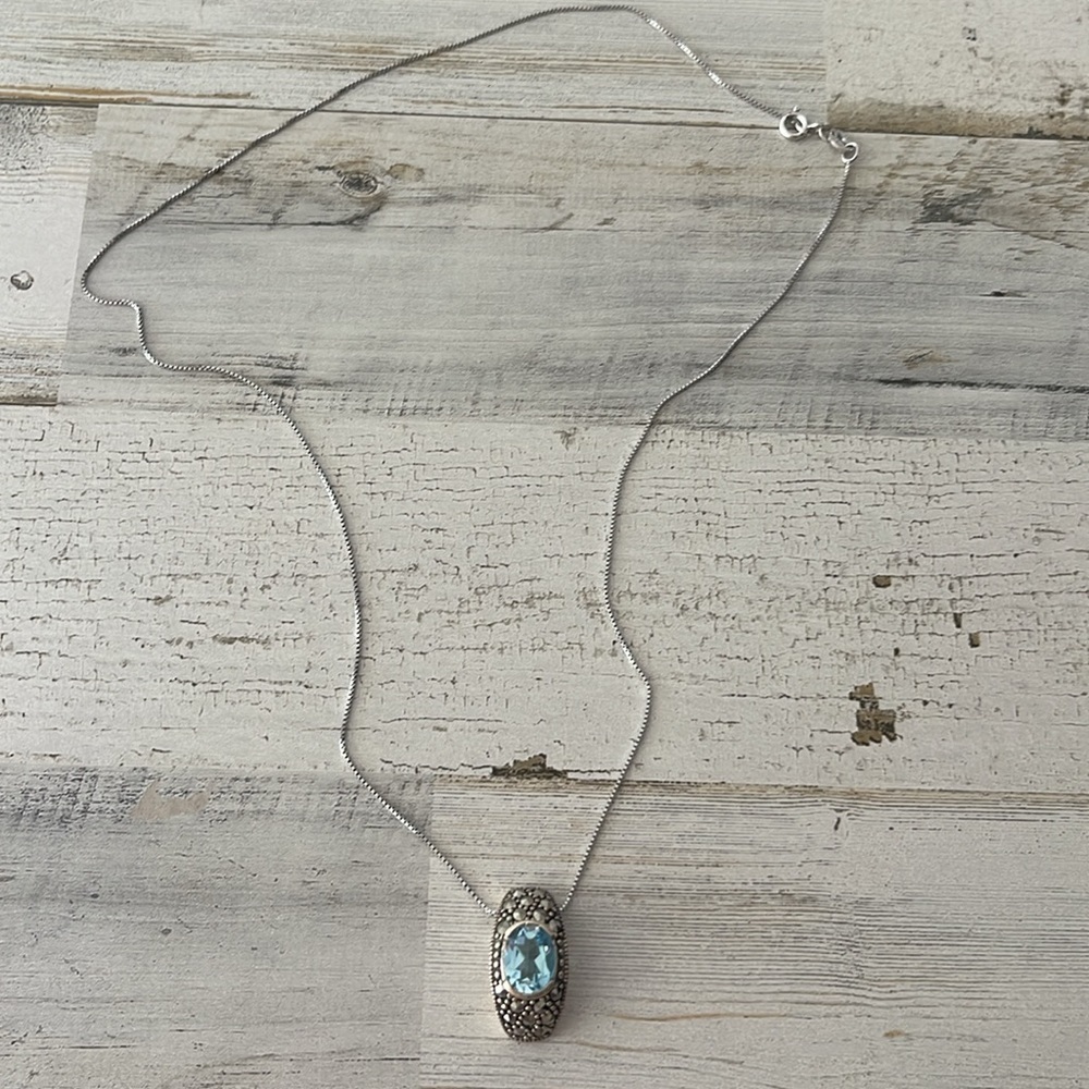 Sterling Silver Marcasite Blue Topaz Pendant Necklace - Picture 4 of 9